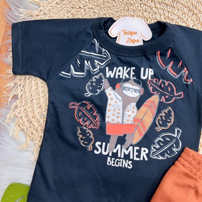 Conj. Camiseta Wake Up Summer e Bermuda - Preto e Ferrugem